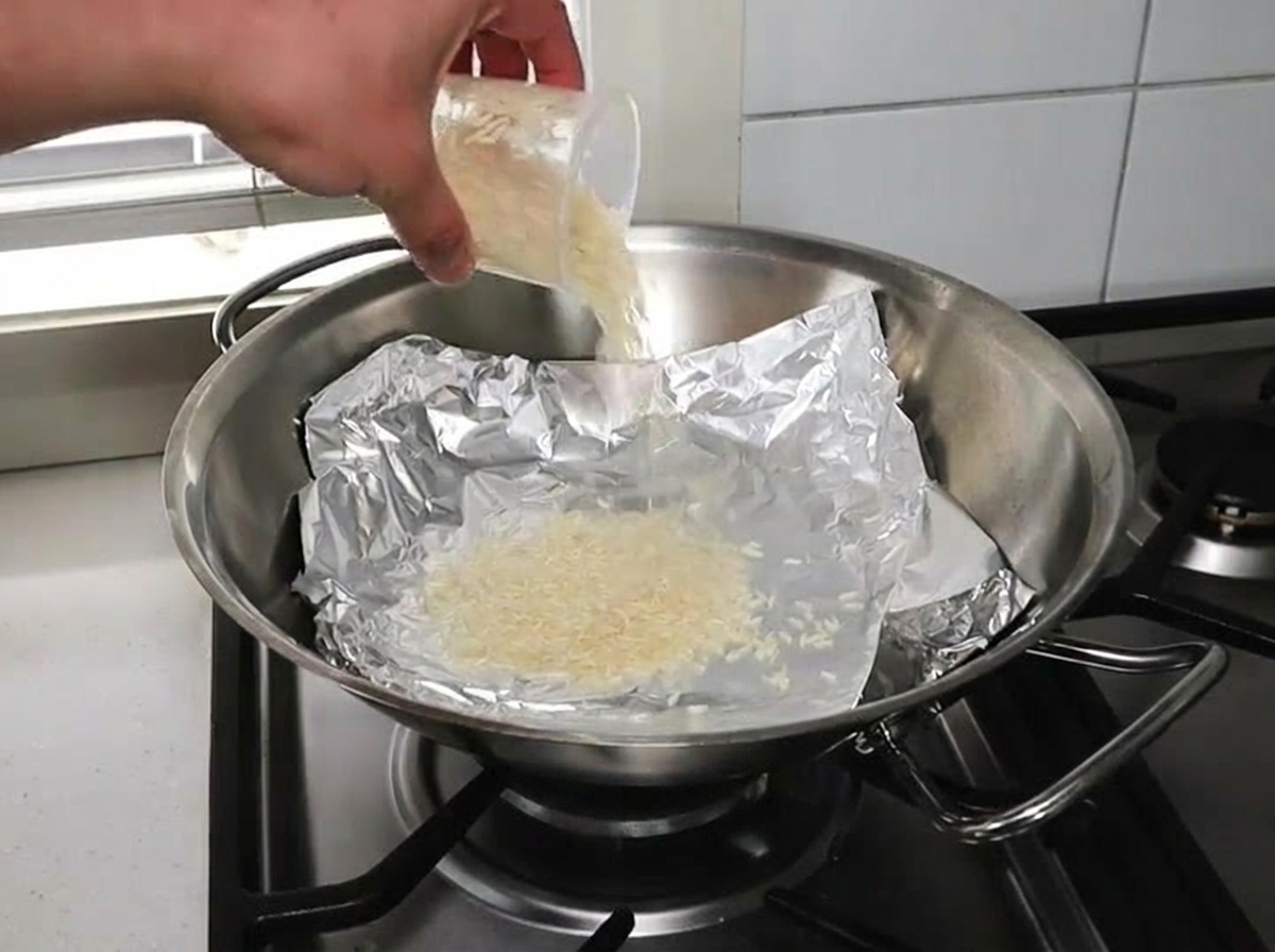大きな金属製の中華鍋の底に敷いたアルミホイルの上に、プラスチックのカップから白米を流し入れている様子。