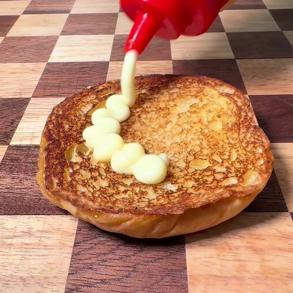 軽く焼いたバンズにマヨネーズを絞り出している様子。