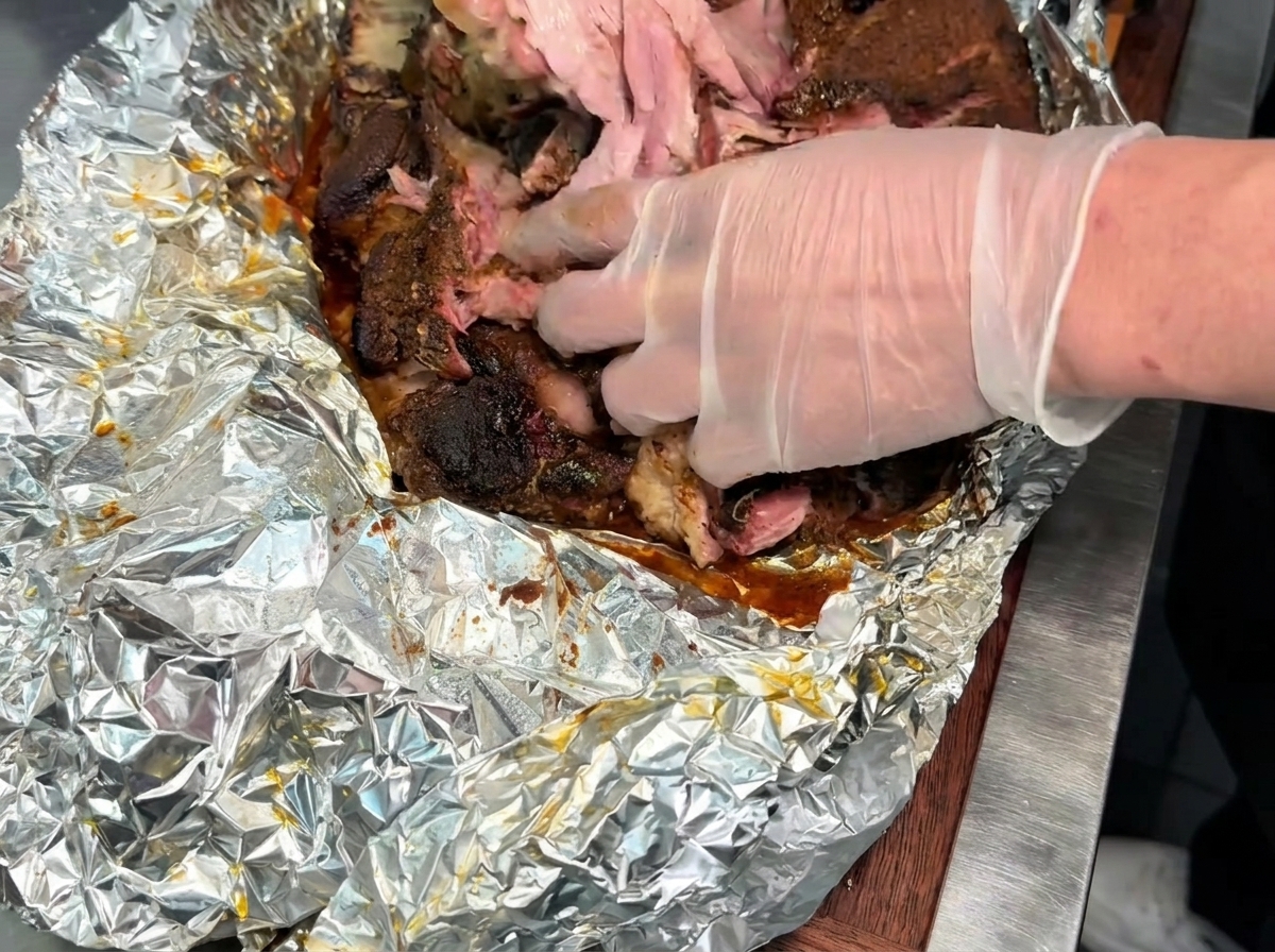 アルミホイルの上で、調理された柔らかい豚肉の塊を両手で細かくほぐしている様子。