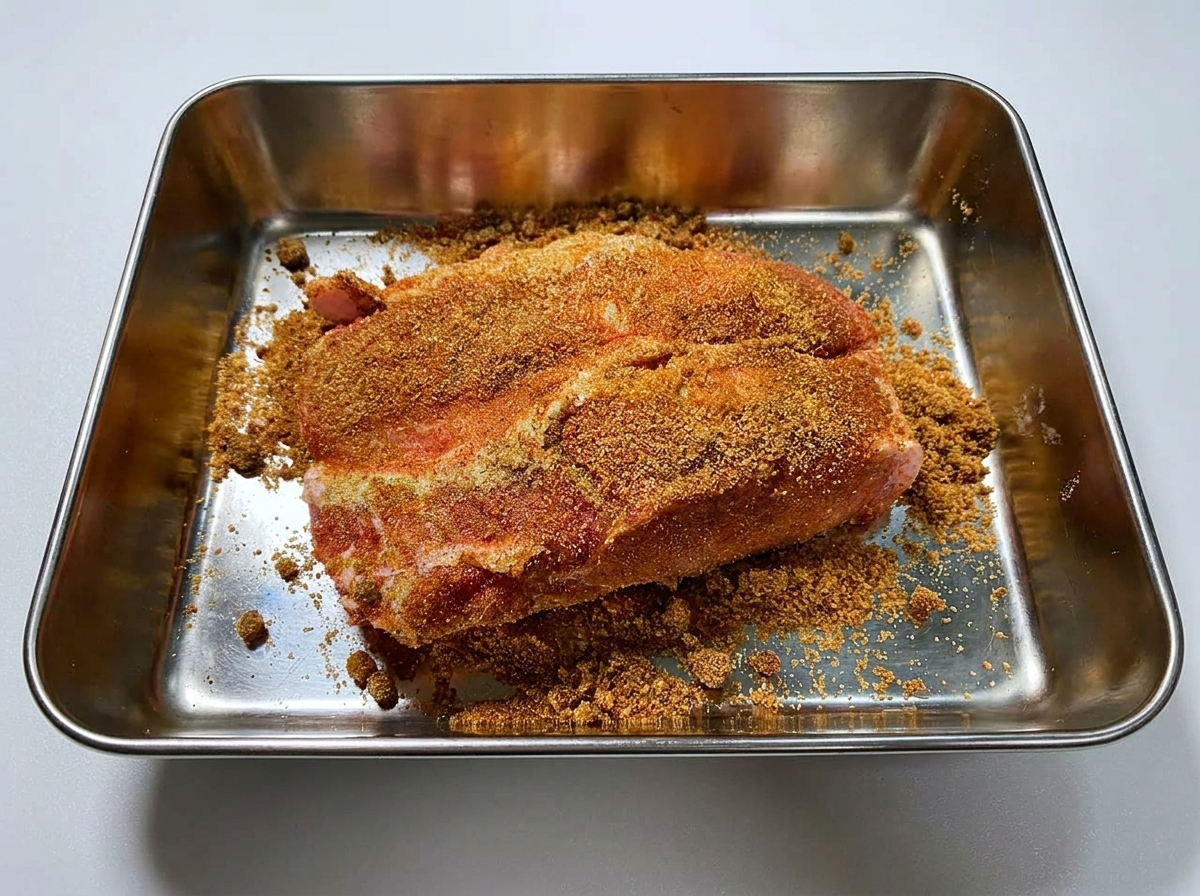 金属製トレイの上で、生の大きな豚肩肉の表面全体に赤茶色のドライラブが隙間なくまぶされている様子。
