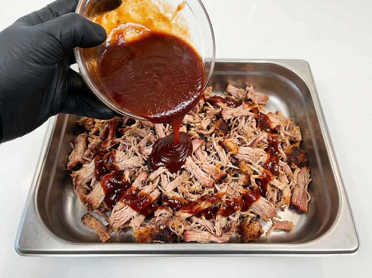 ステンレス製のトレイに盛られたほぐし豚肉の上に、黒い手袋をした手が透明なボウルから濃厚でダークなBBQソースを注いでいる様子。