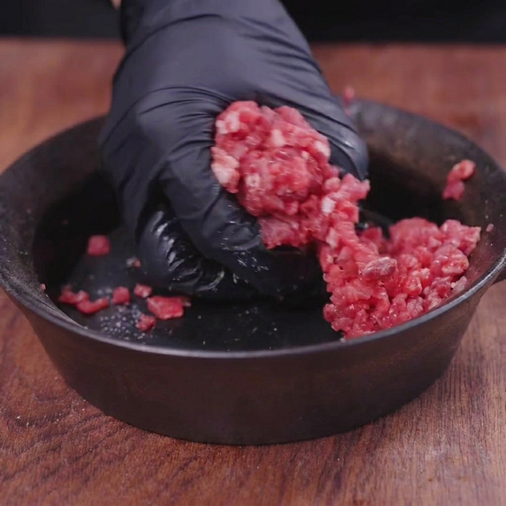 黒いラテックス手袋をはめた両手で、黒い容器の中で生の牛ひき肉を丸いパティの形に整えている様子。