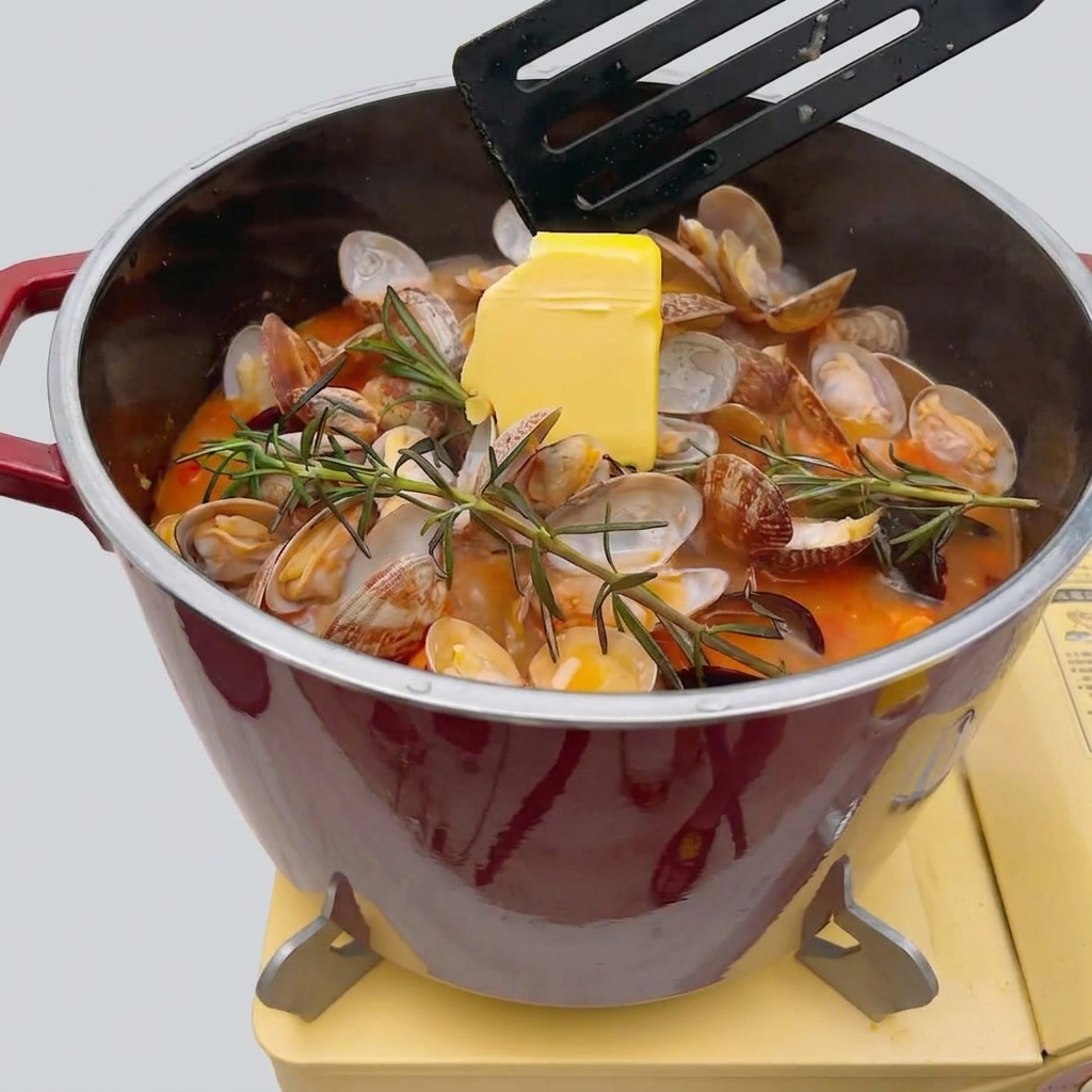 スープにバターを加えて溶かす様子。