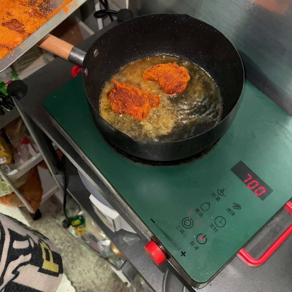 熱したフライパンで、ケイジャンシーズニングをまぶした豚肉を黄金色になるまで焼いている様子。