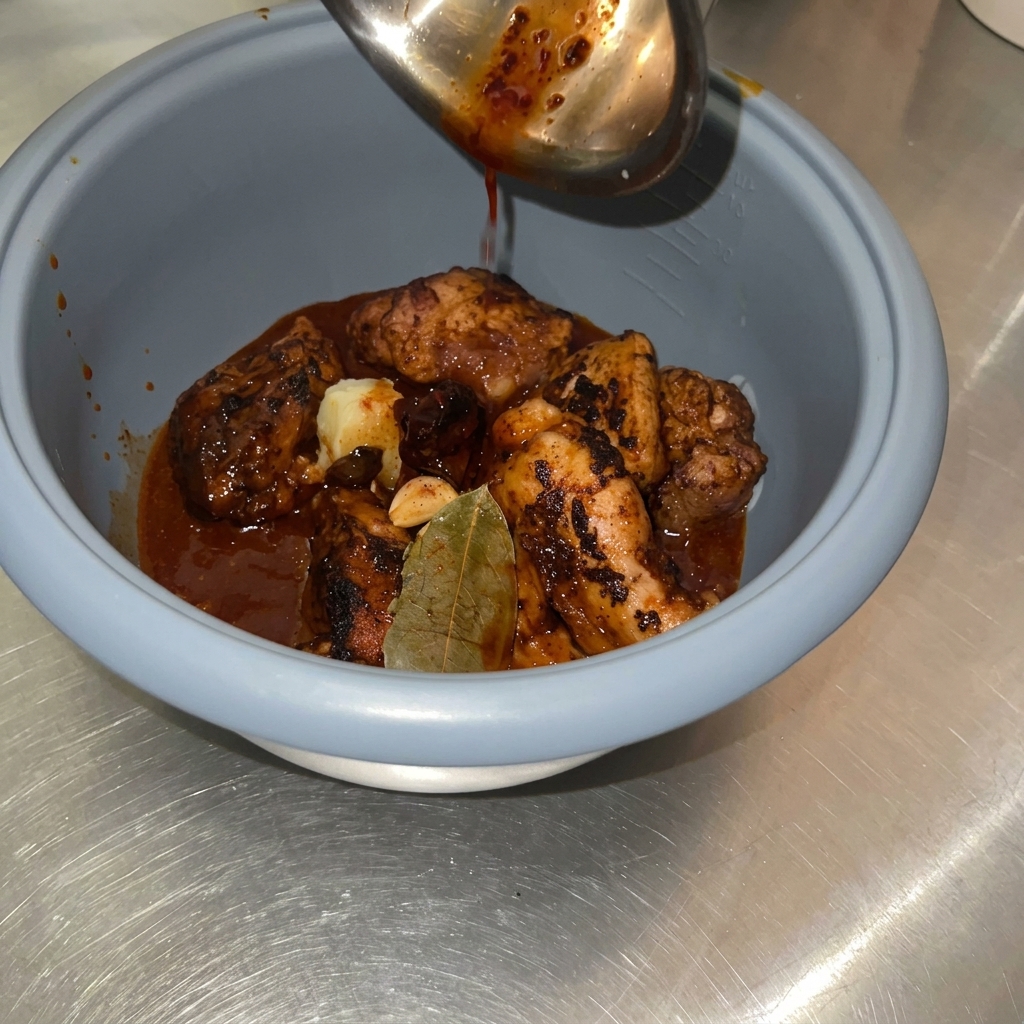 お玉を使って、炊飯器の中の豚肉の上にソースを回しかけている様子。
