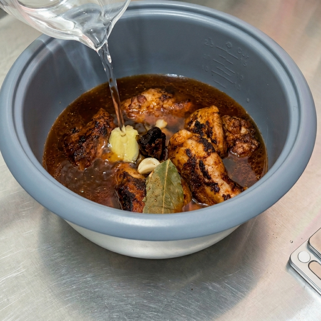 計量カップから水を注ぎ、豚肉、にんにく、ローリエがひたひたに浸かっている様子。