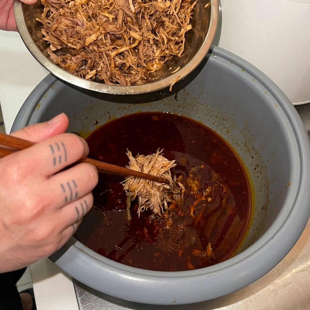 ほぐした豚肉を炊飯器に戻し、お箸でソースと混ぜ合わせている様子。