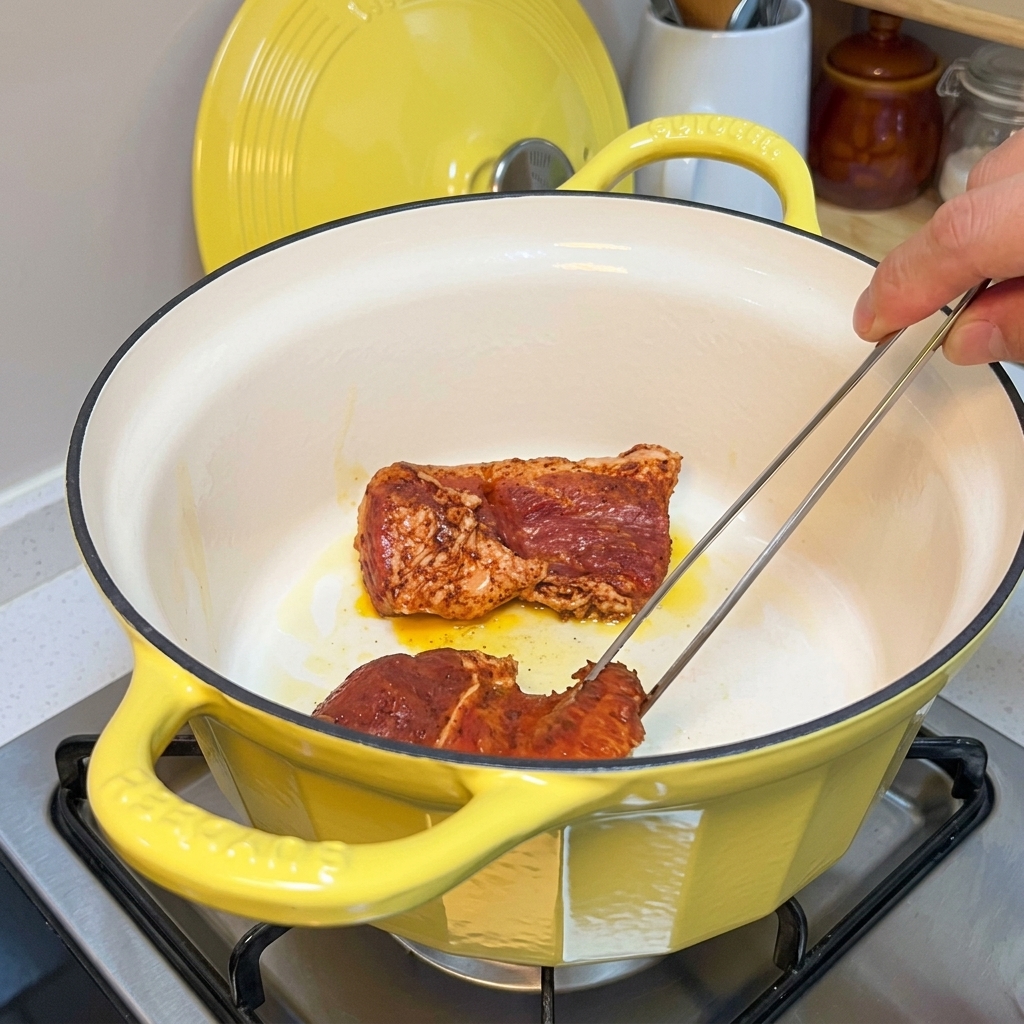 黄色い鋳物鍋の中で、トングで豚肉の表面を焼いている様子。