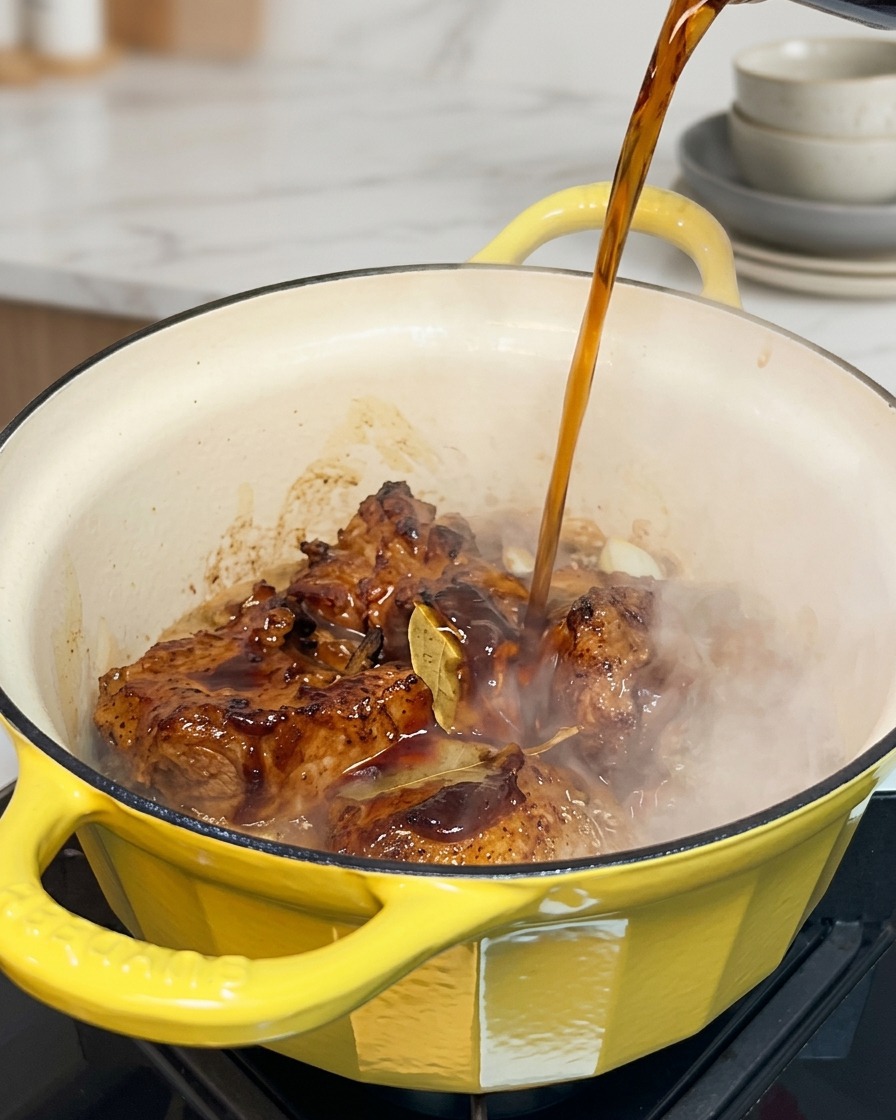 肉を焼いた鍋に玉ねぎ、BBQソース、コーラを加えている様子。