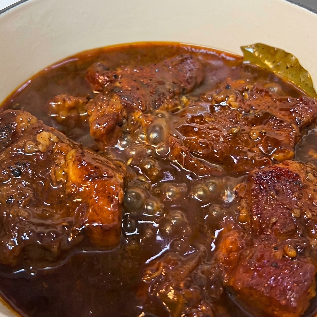 鍋の中で肉とソースが煮詰まり、とろみがついている様子。