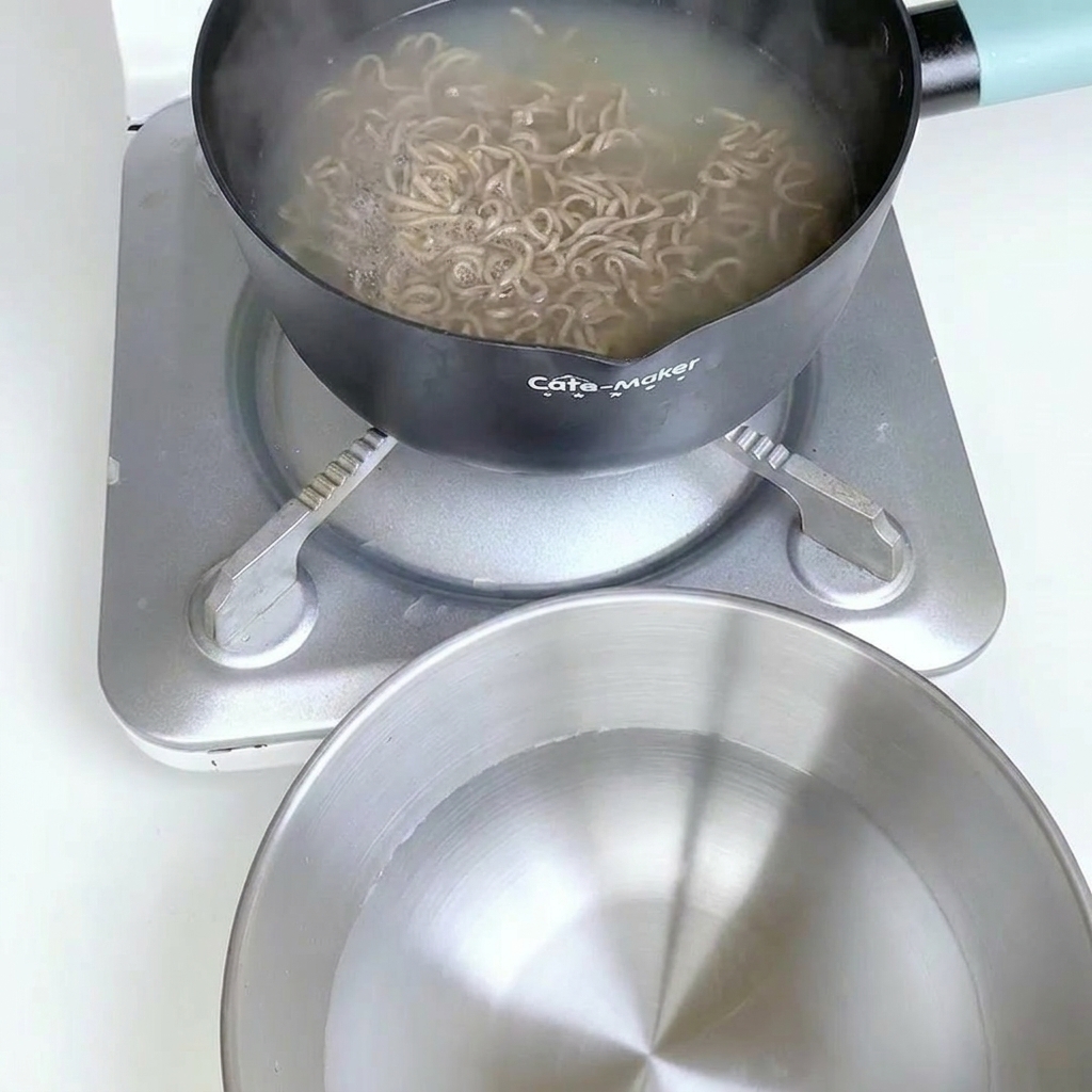 ザルにあげて冷水で洗っている蕎麦。