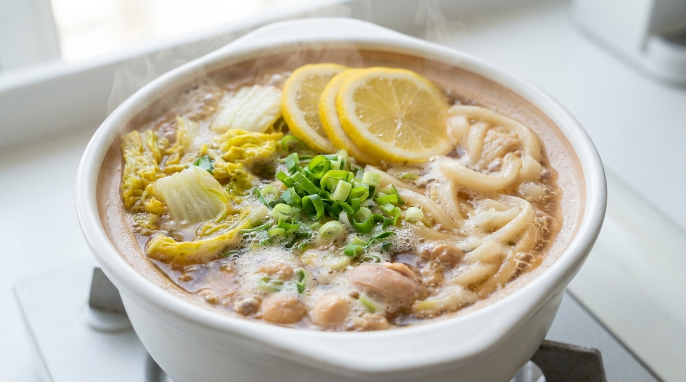 ネギとレモンスライスをトッピングした、白い器に入った完成品のレモンチキンうどん。