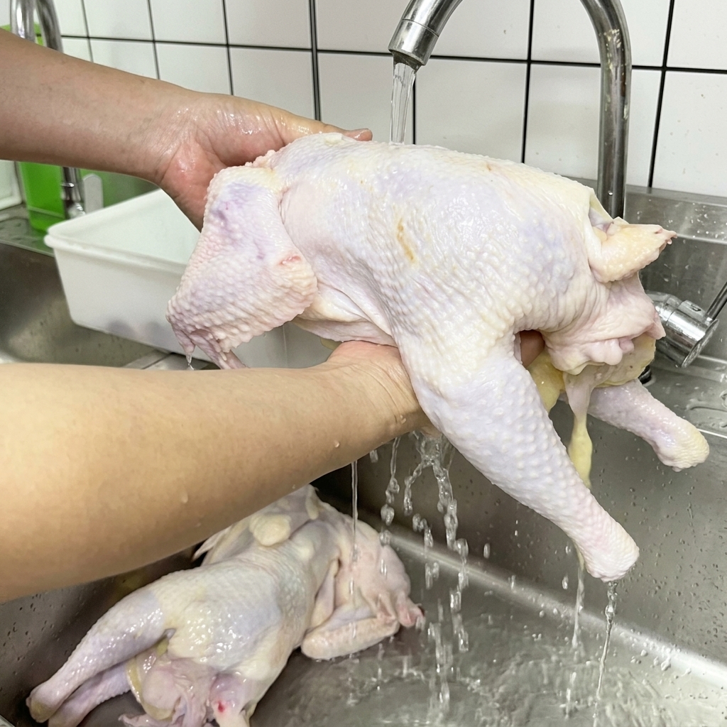 シンクで流水を使って鶏肉を洗っている様子