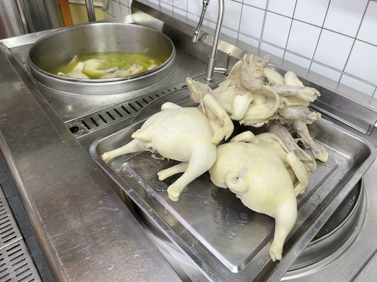 煮上がった鶏肉をバットに並べている様子