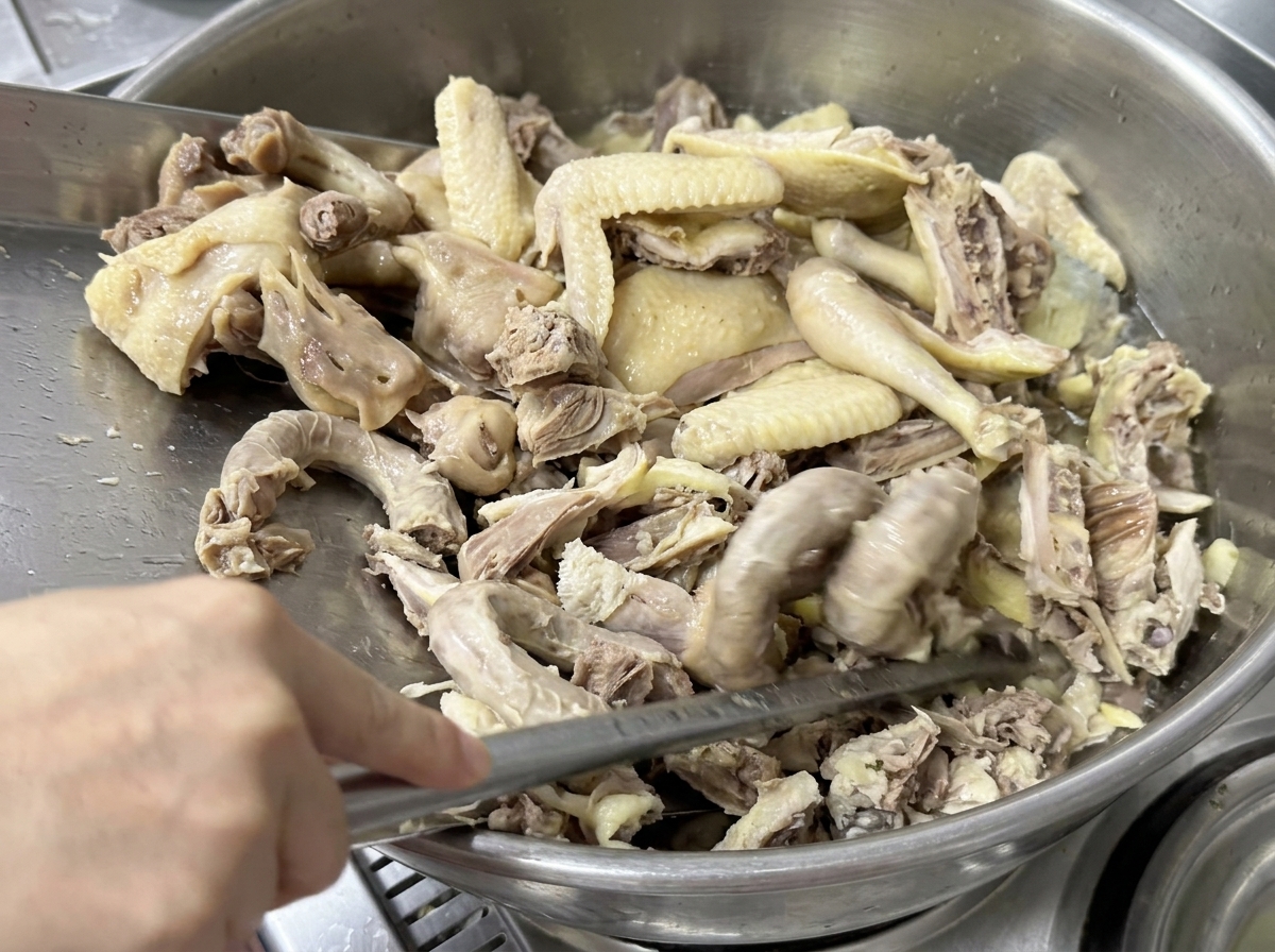 鍋に鶏の部位を戻し入れている様子