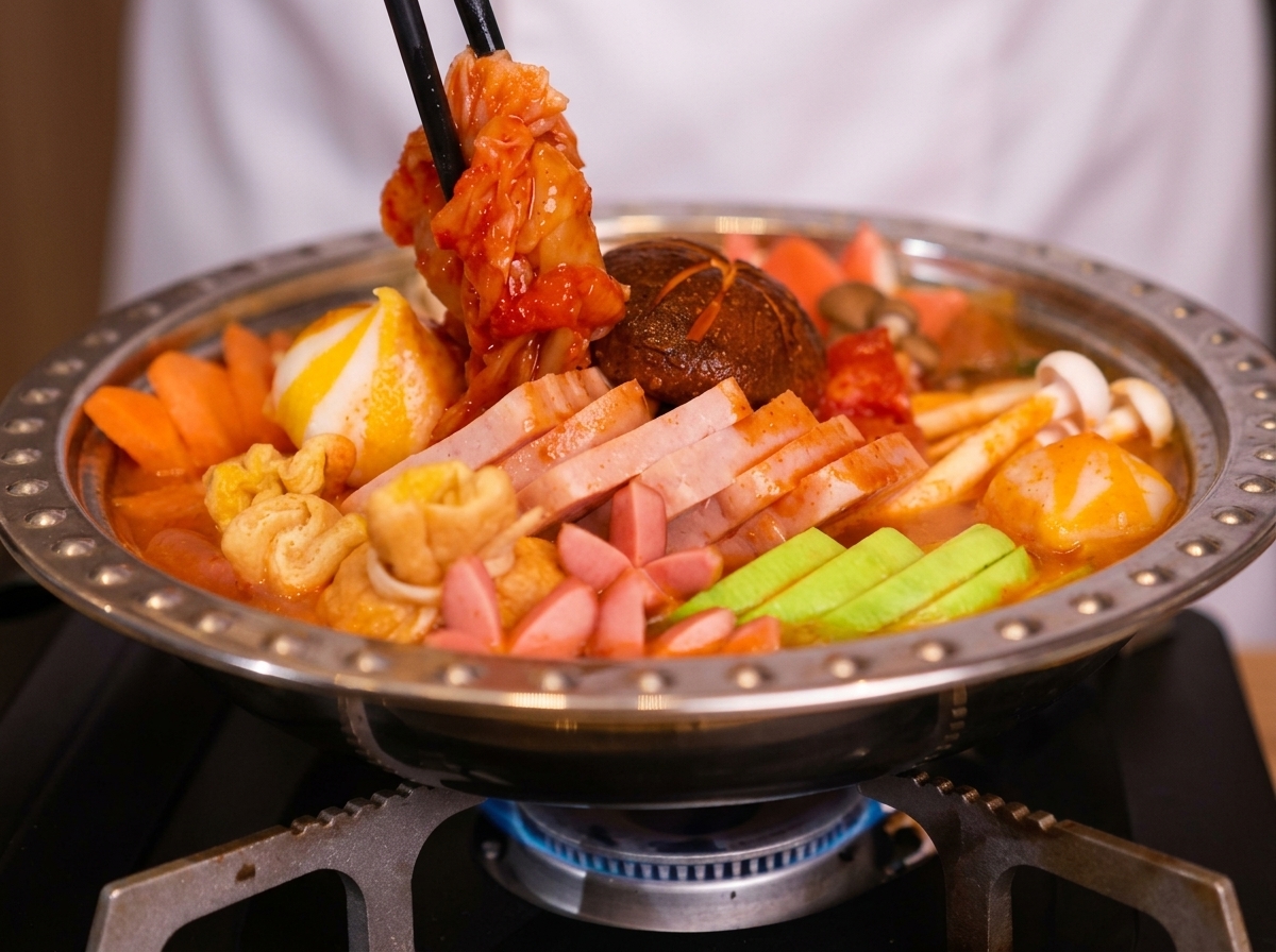 箸でキムチを鍋に追加し、その上にスライスチーズを乗せる準備をしている様子。