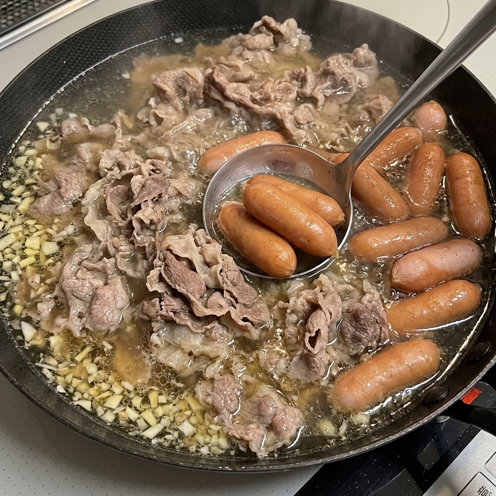 スープに野菜が投入され、煮込まれている様子。