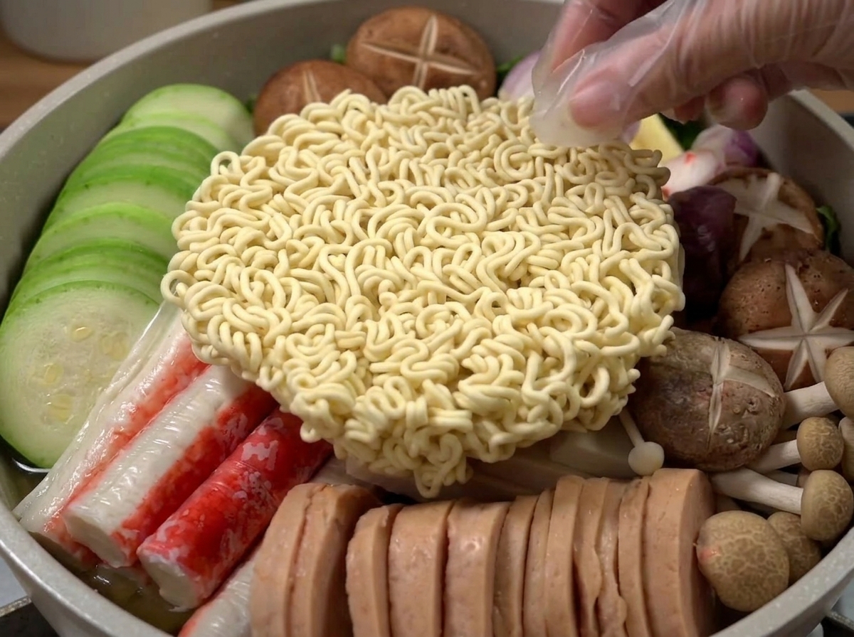 具材の上に置かれたインスタント麺に、合わせ調味料をかけている様子。