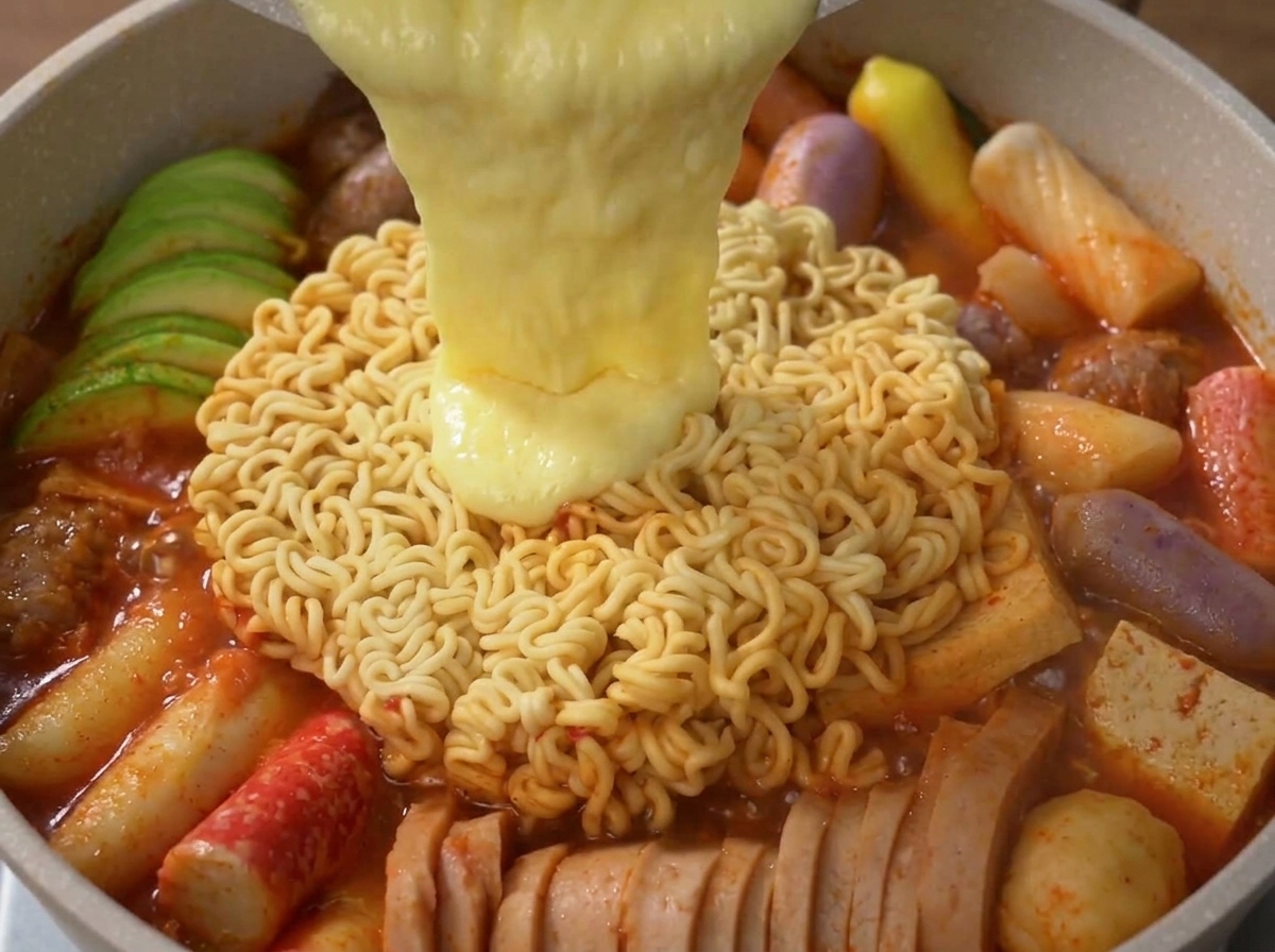 調理中のプデチゲの麺の上でとろけているチーズ。