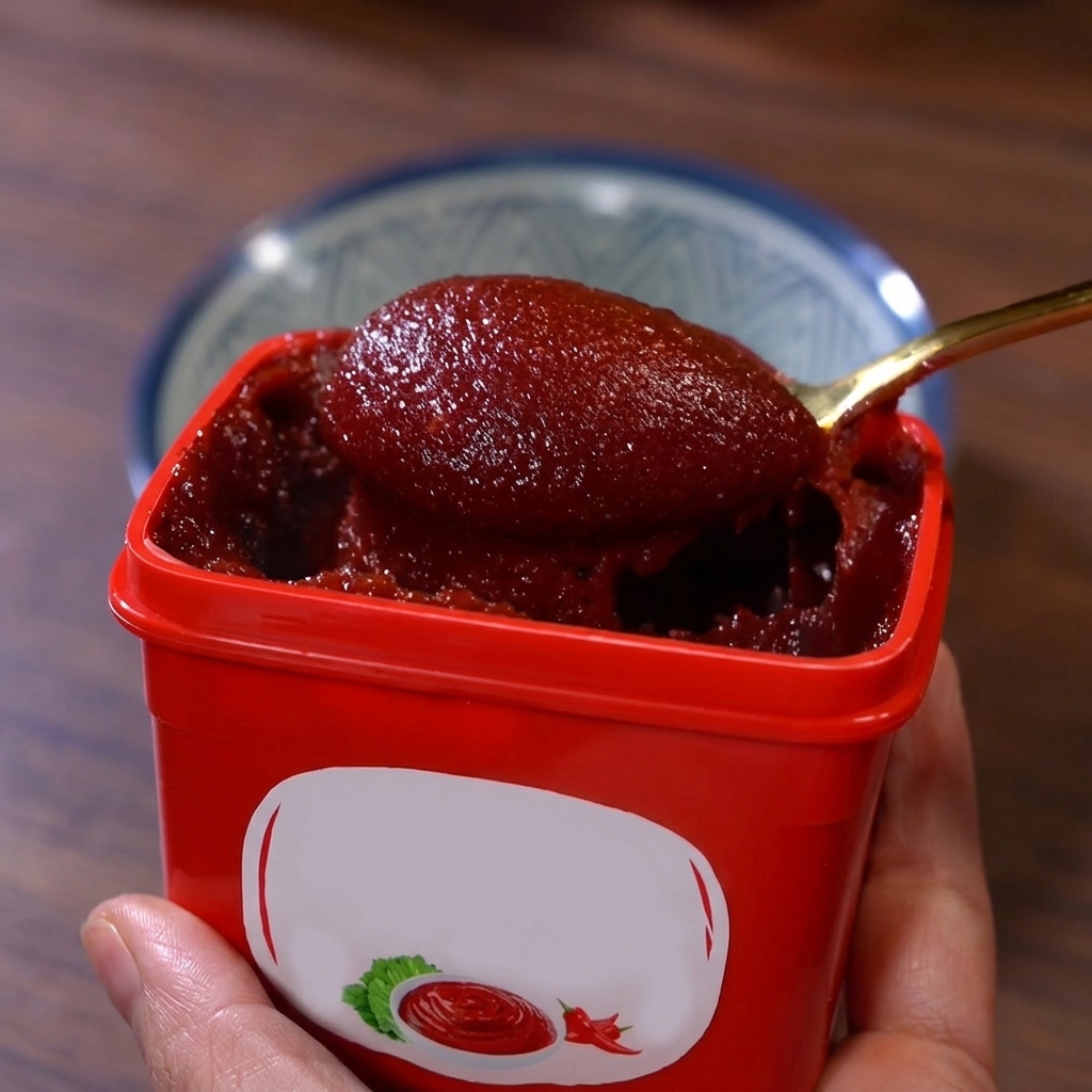 小さなボウルにコチュジャンなどの調味料を入れ、混ぜ合わせている様子。