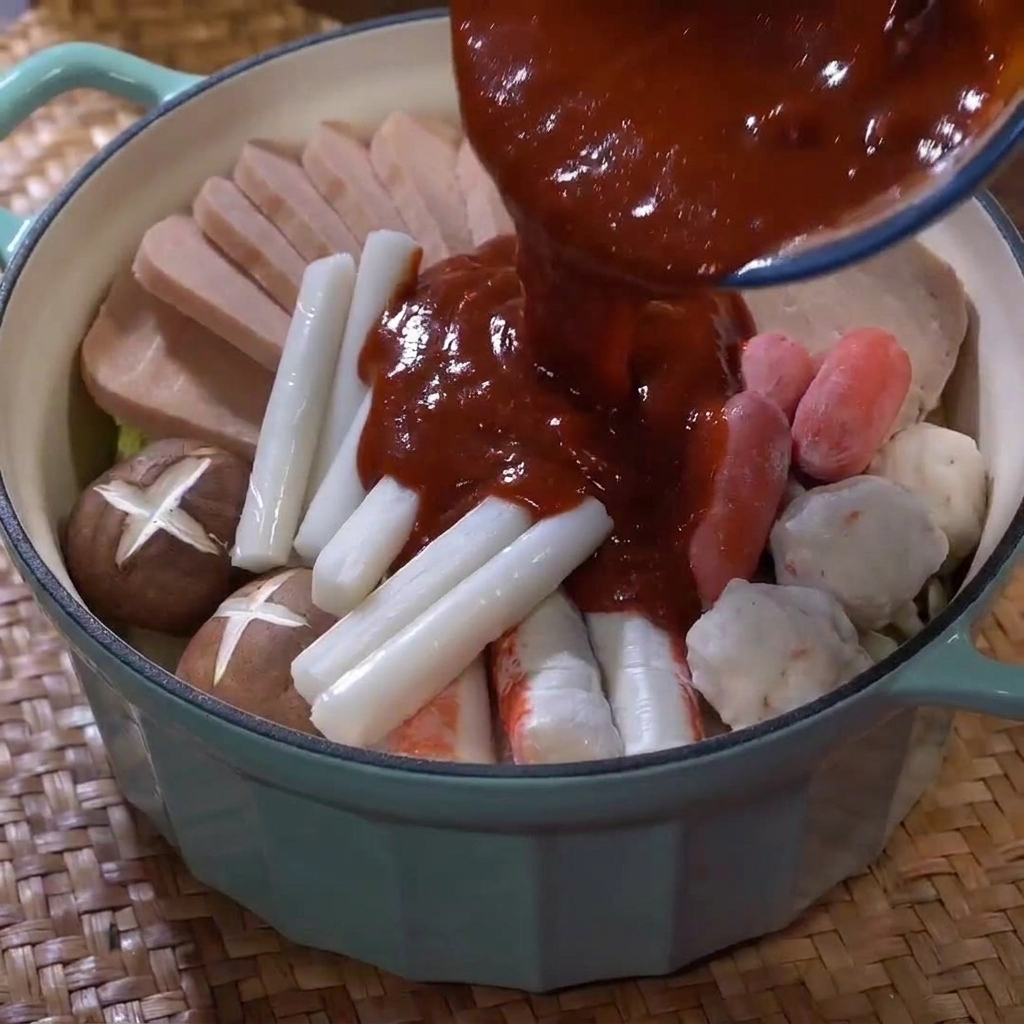 綺麗に並べられたプデチゲの具材に、水を注ぎ入れている様子。