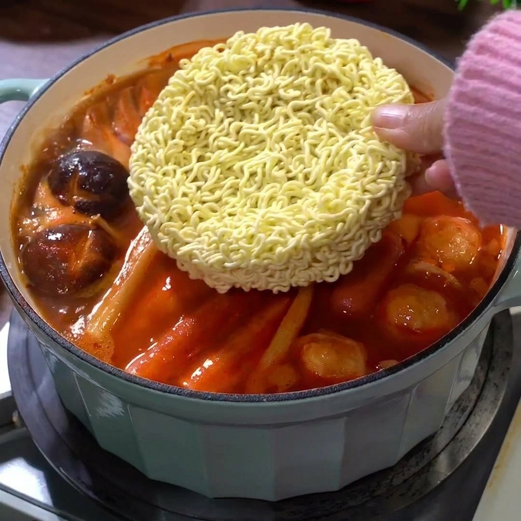 沸騰した赤いスープの真ん中に、インスタントラーメンの乾麺を入れている様子。