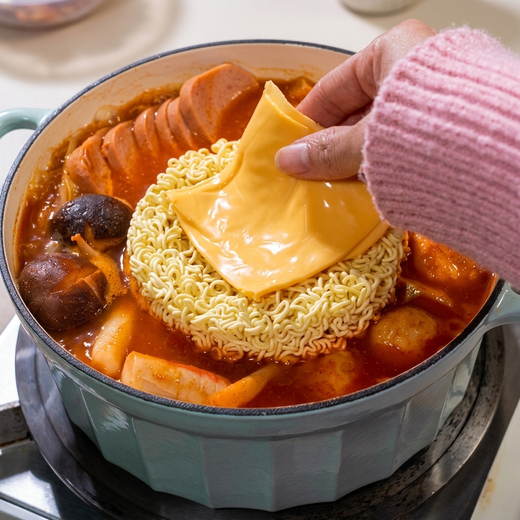 鍋で煮込んでいるラーメンの中央に、卵を割り落としている様子。
