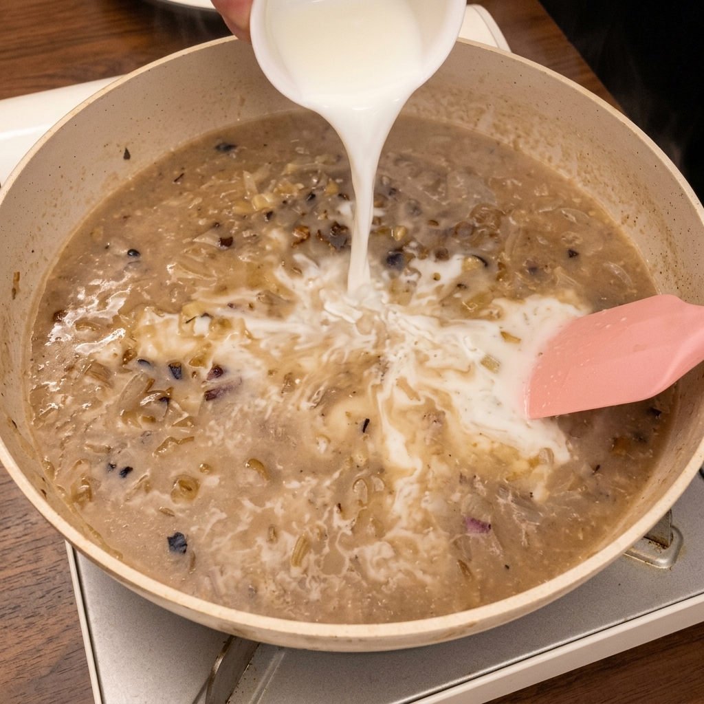 とろみのついたスープベースに牛乳を注ぎ入れている様子