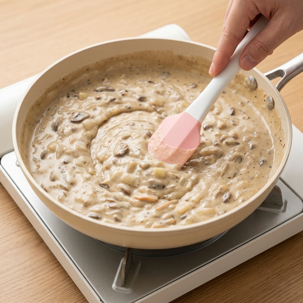 煮立っているクラムチャウダーに生クリームを注いでいる様子