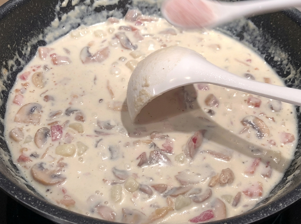 煮込んでいるスープに塩を振りかけている様子。