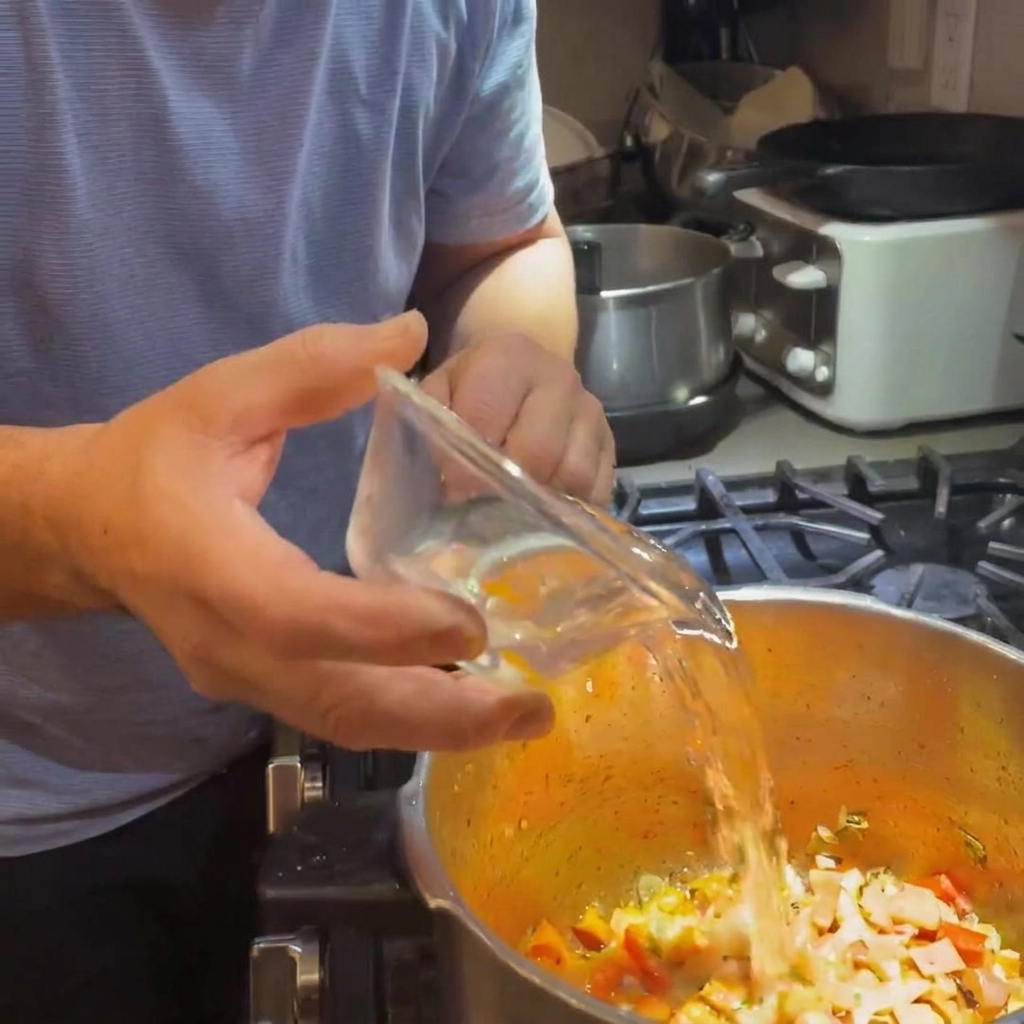 炒めた野菜に水を注ぎ入れている様子