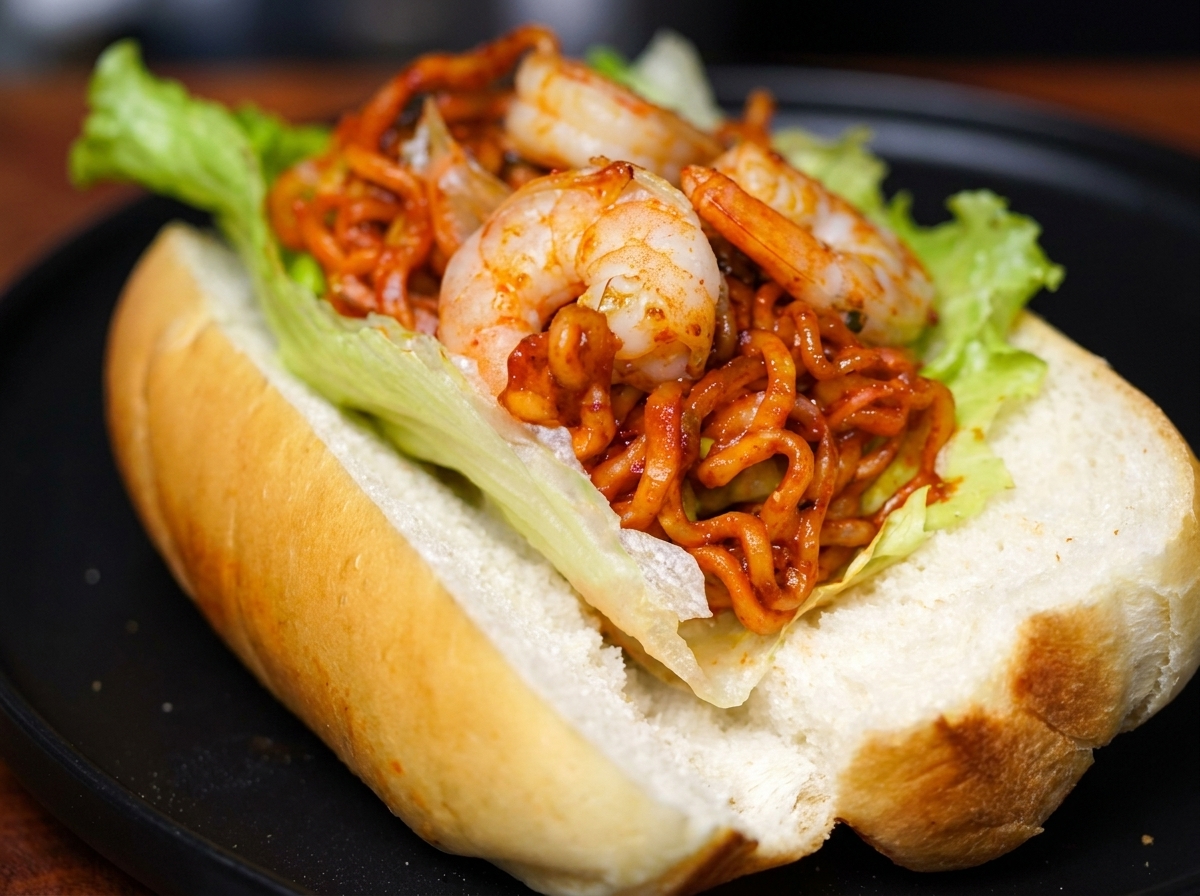 麺の上にグリルしたエビを並べ、ステーキと仕上げのチーズをのせる直前の様子。