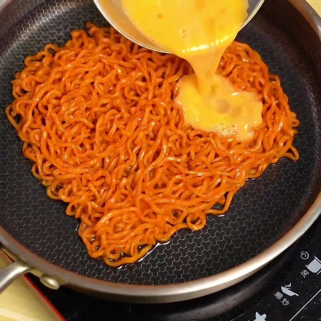 フライパンの中の赤い麺の山に、溶いた黄色い卵液を流し込んでいる様子。