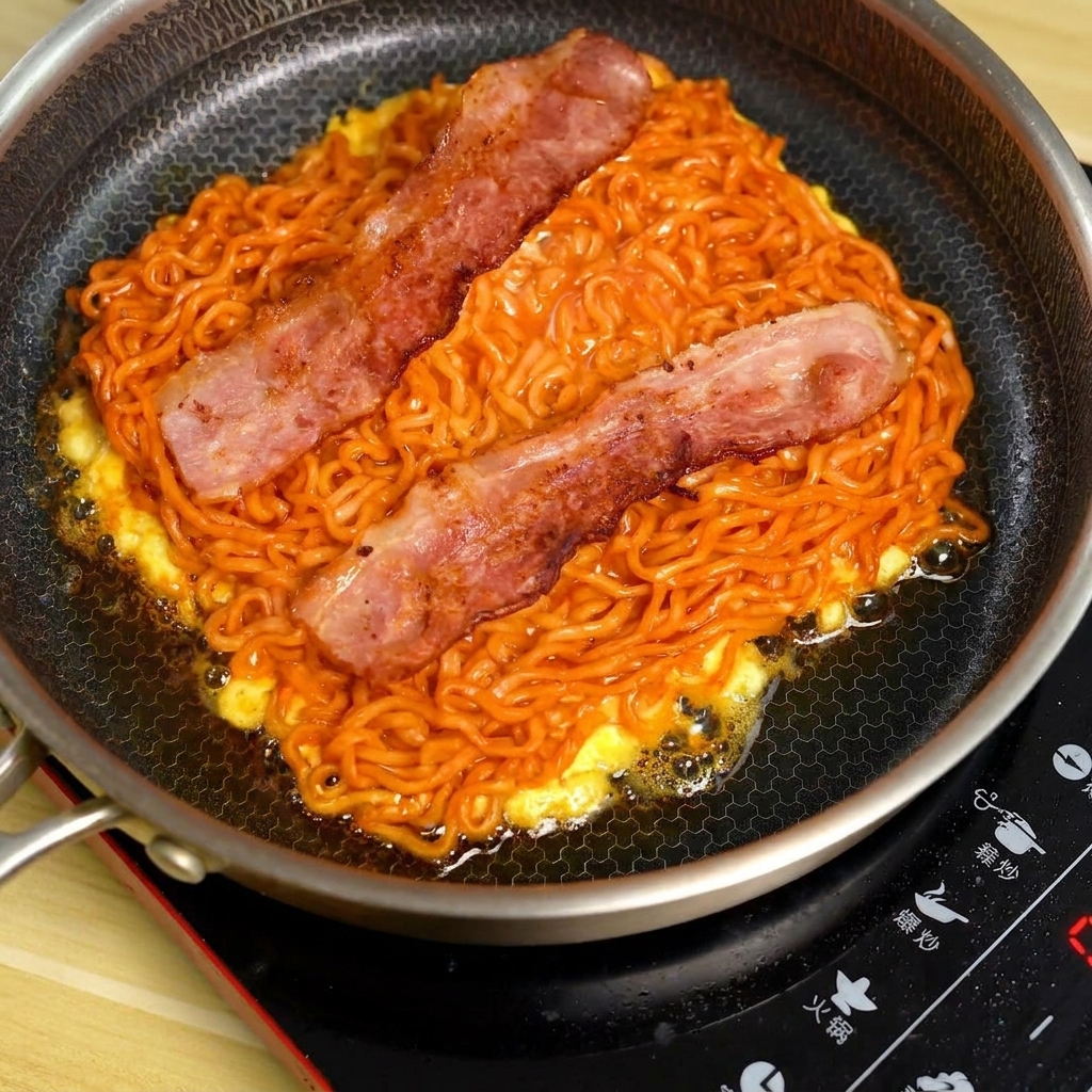 ジュージューと焼ける麺と卵の上に、カリッと焼けたベーコン2枚をのせている様子。