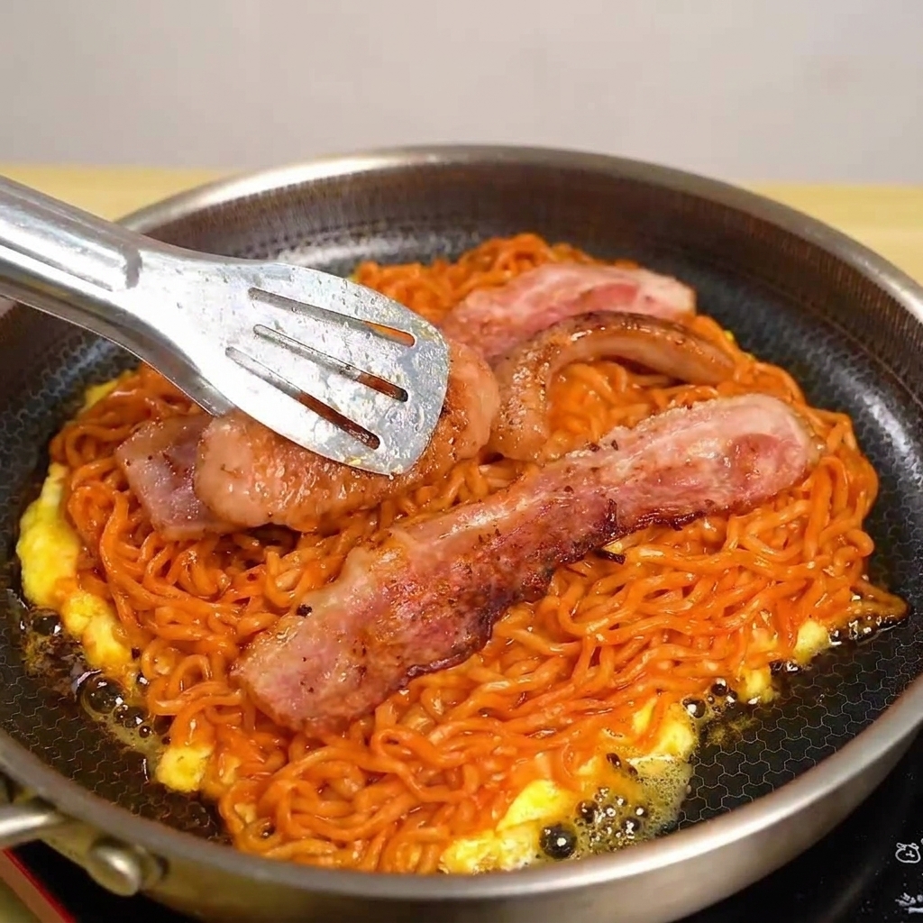 ベーコンと麺の上に、黄色いスライスチーズを1枚のせている様子。