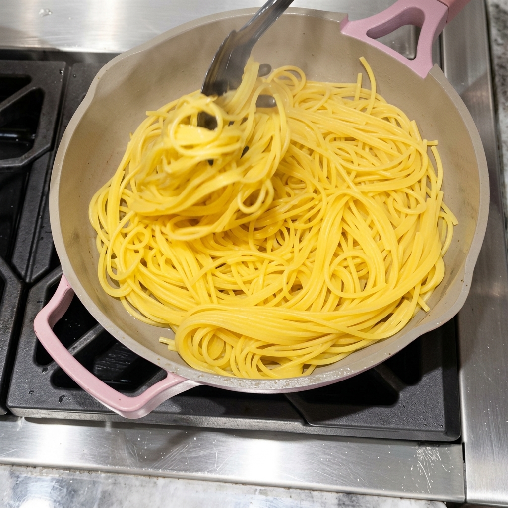 パスタとベーコンをフライパンで絡めている様子。