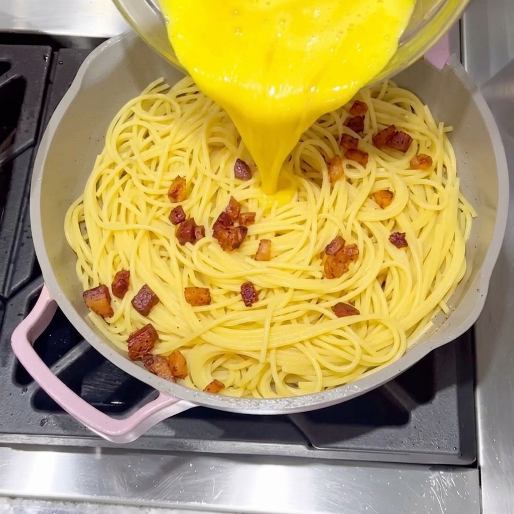 パスタに卵ソースを注ぐ様子。