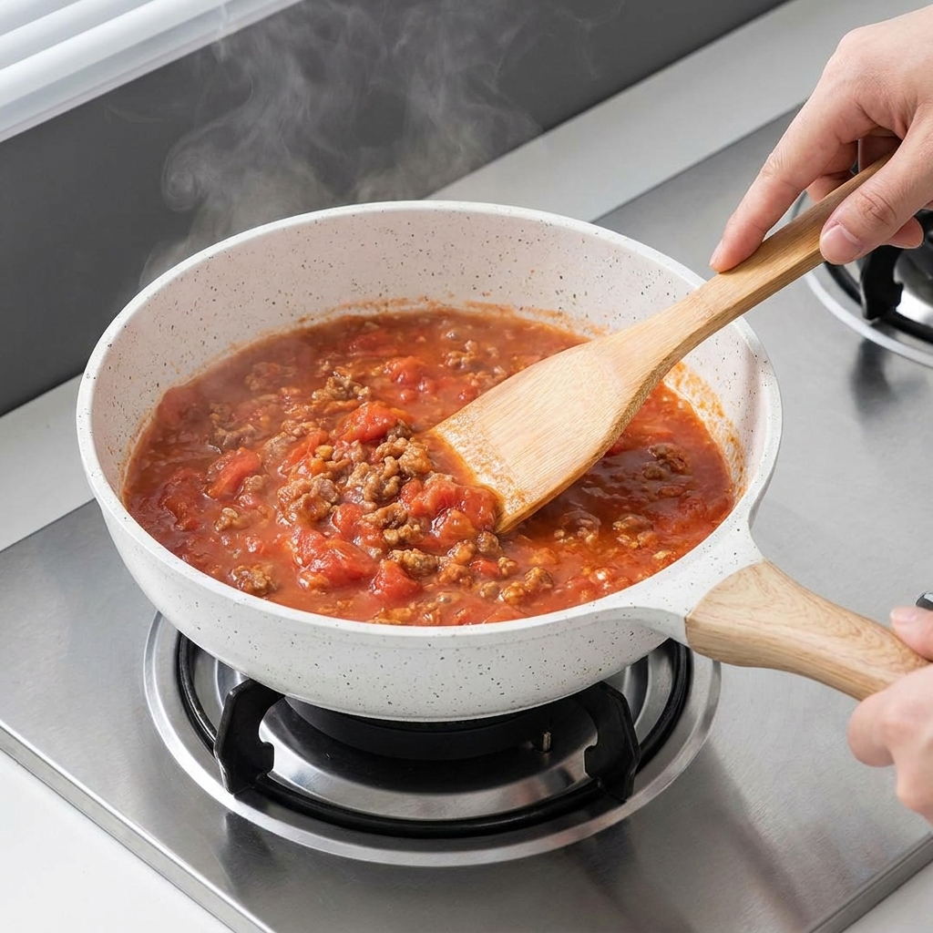 炒めたお肉と野菜が入ったフライパンに、チューブからトマトペーストを絞り出している様子。