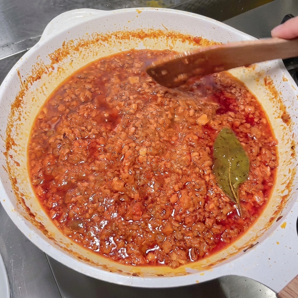 お肉と野菜が入った熱いフライパンに、スプーンから赤ワインを注ぎ入れている様子。