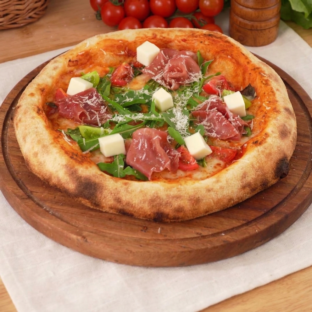 ピザ用小麦粉などの粉類が計量された白いボウルの俯瞰画像。