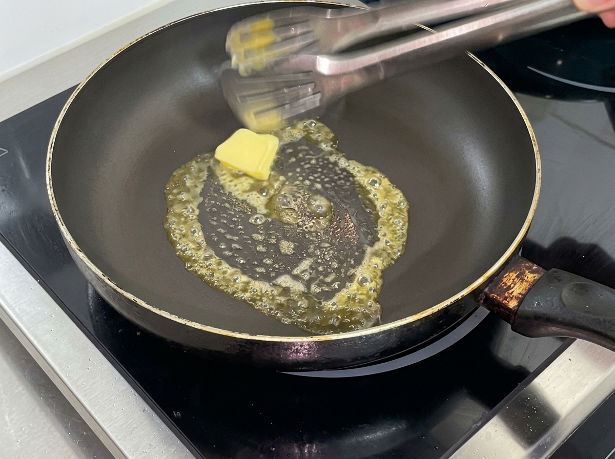 予熱した黒いノンスティックフライパンでバターの塊が溶けている様子。