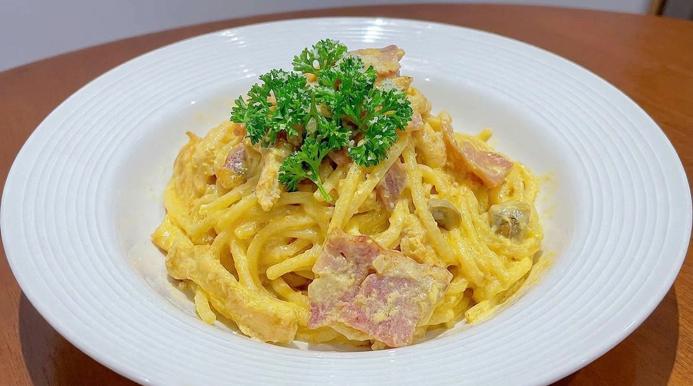 クリーミーなベーコンとチキンのパスタ