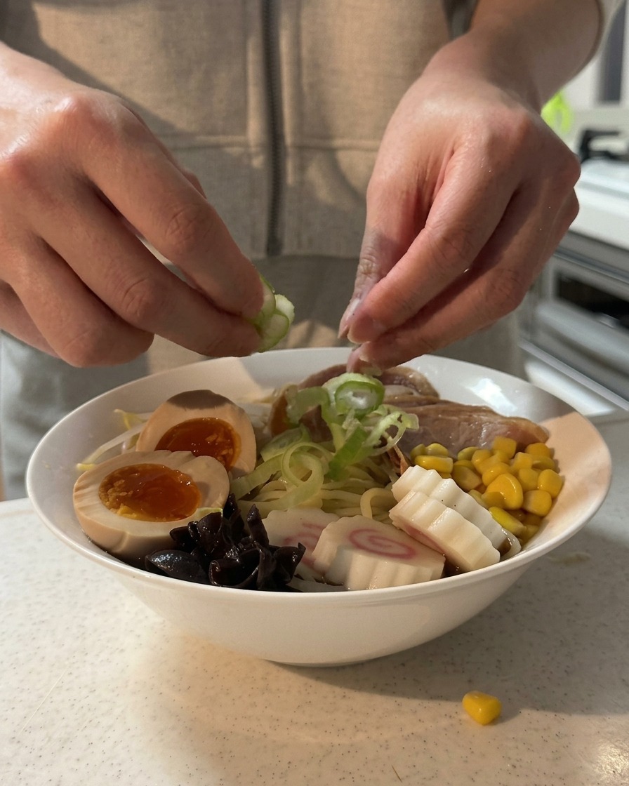 完成した醤油ラーメンに刻みねぎを振りかけている様子。