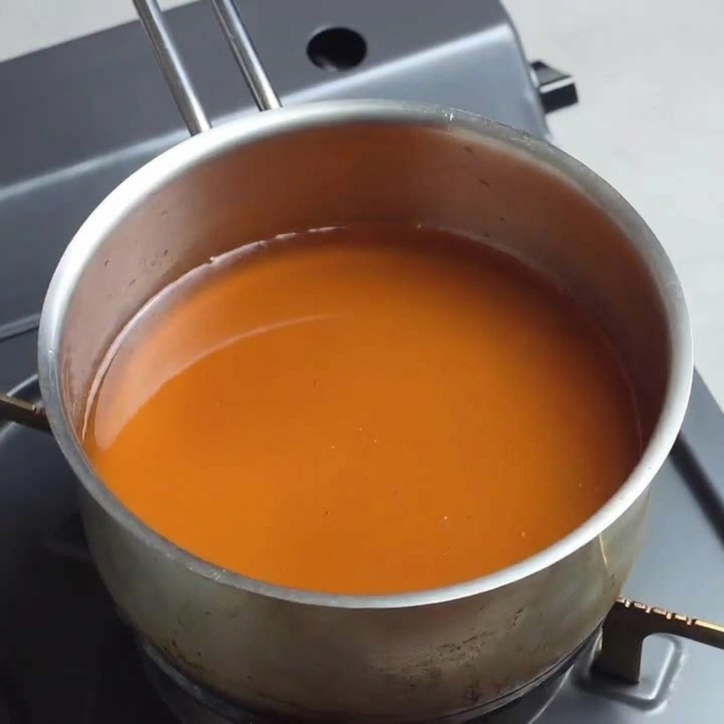 中火で煮立っている琥珀色のラーメンスープベース。