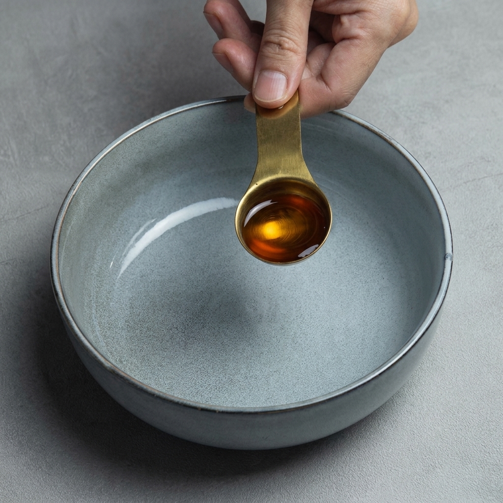 グレーの丼に計量スプーンでごま油を入れている様子。