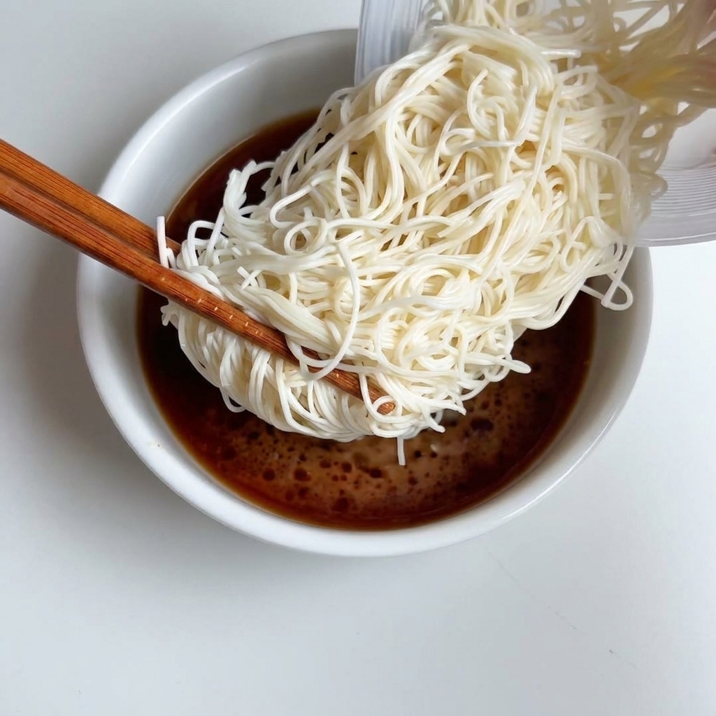 熱々の醤油ベースのスープの中に、木製の箸を使って細いそうめんを浸している様子。