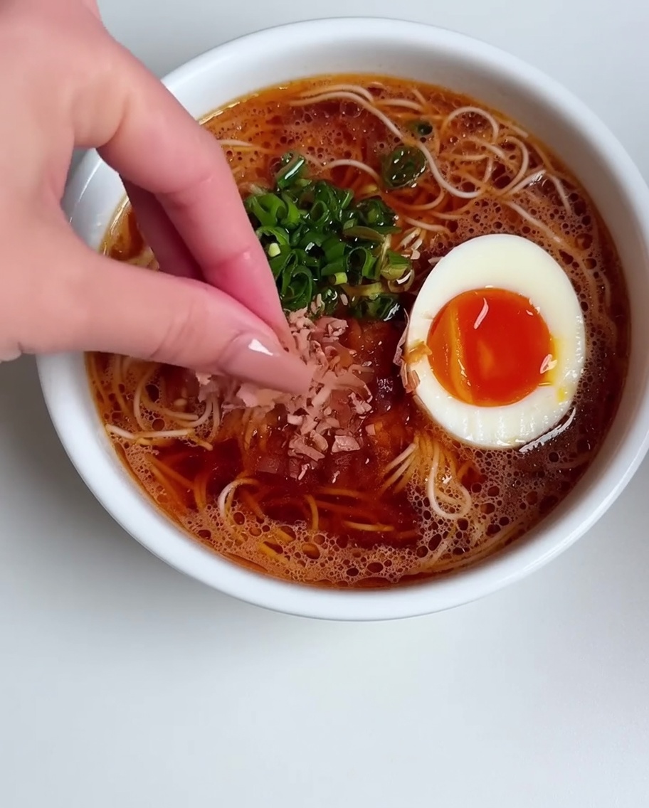 調理済みのラーメンに、半熟卵とネギを乗せ、手でかつお節を振りかけている様子。