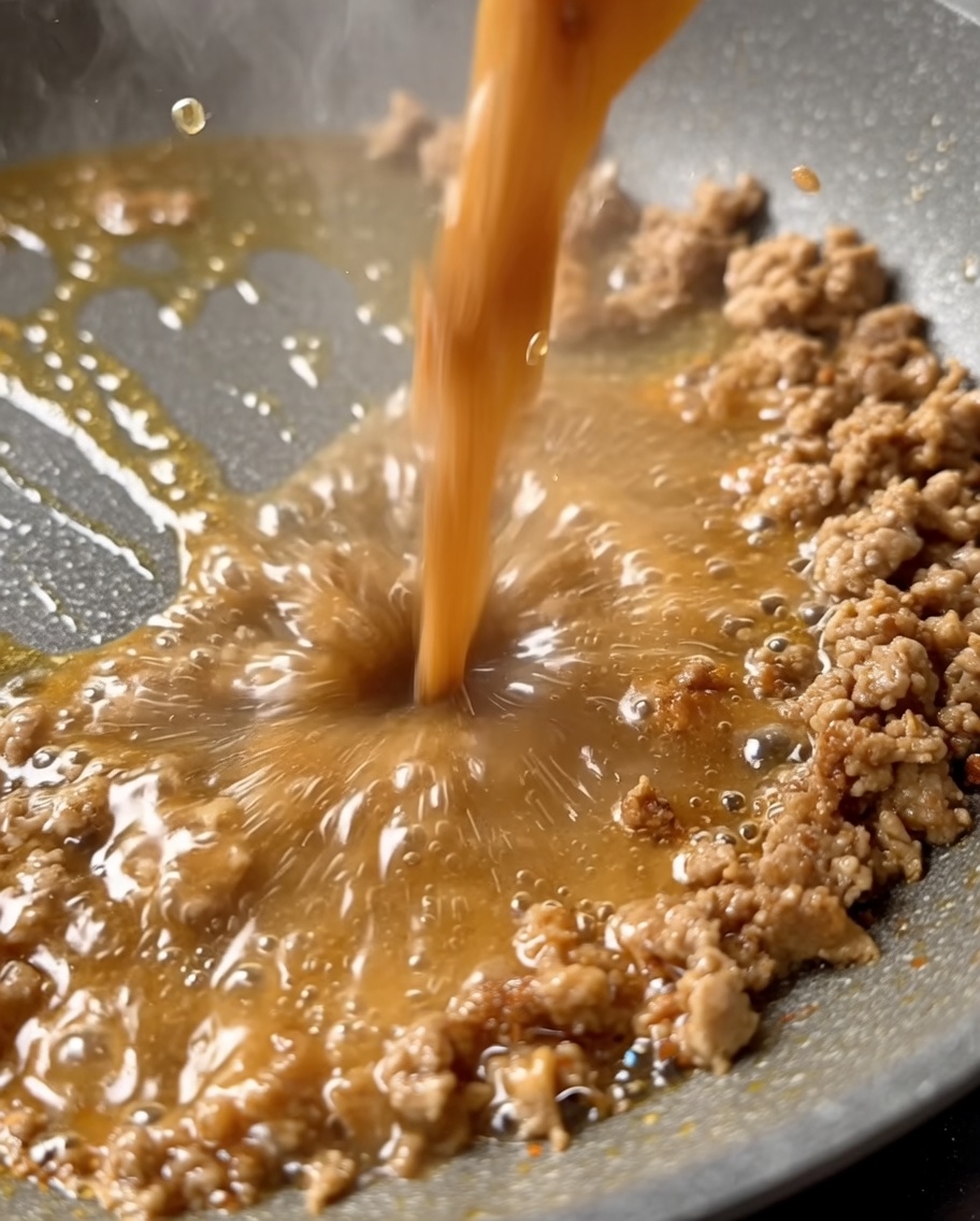 調味されたひき肉の入ったフライパンに水を注いでいる様子。