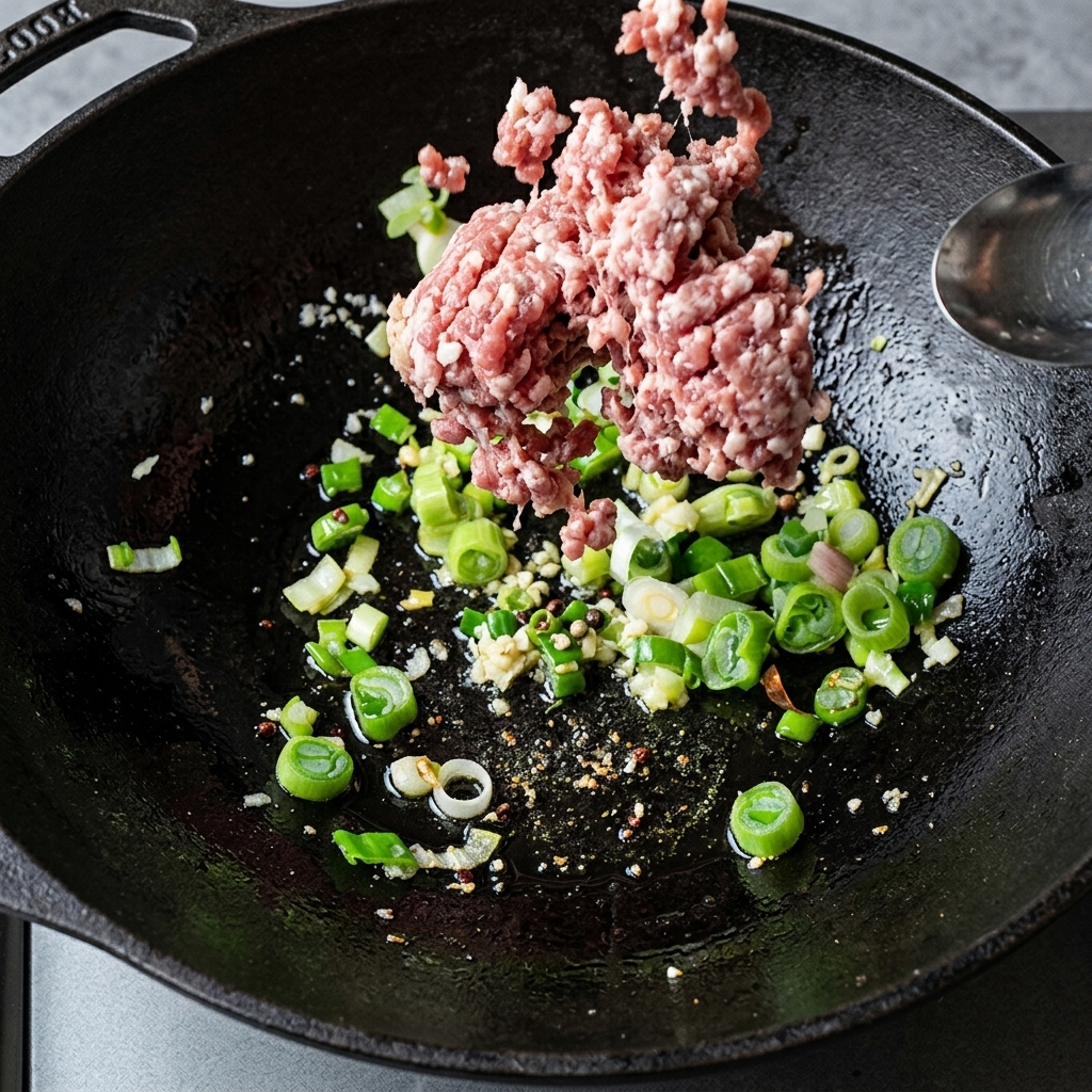 中華鍋で豚ひき肉を炒めている様子。