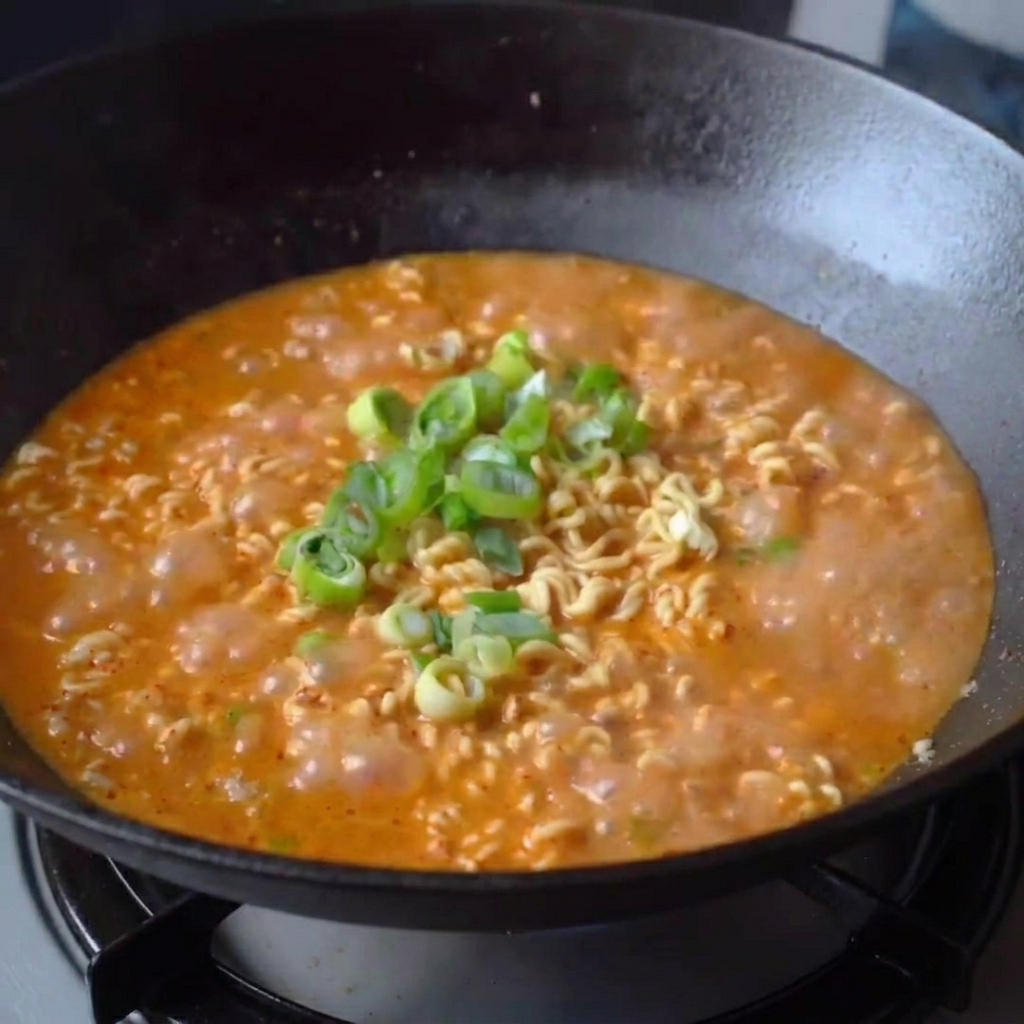 青ネギをトッピングした完成したラーメン。